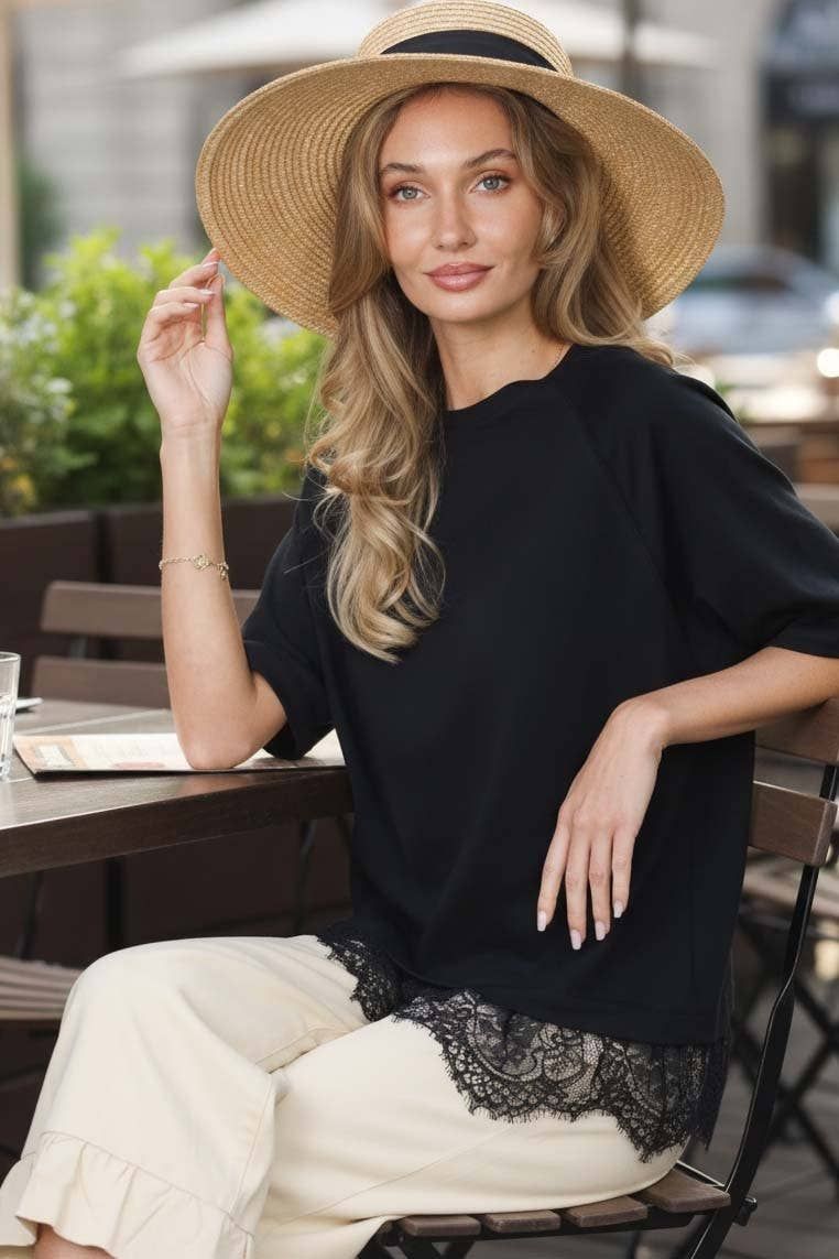 Lace Hem T-Shirt Casual Wardrobe Cotton Knit Top VT60789, Color: Black, Size: L