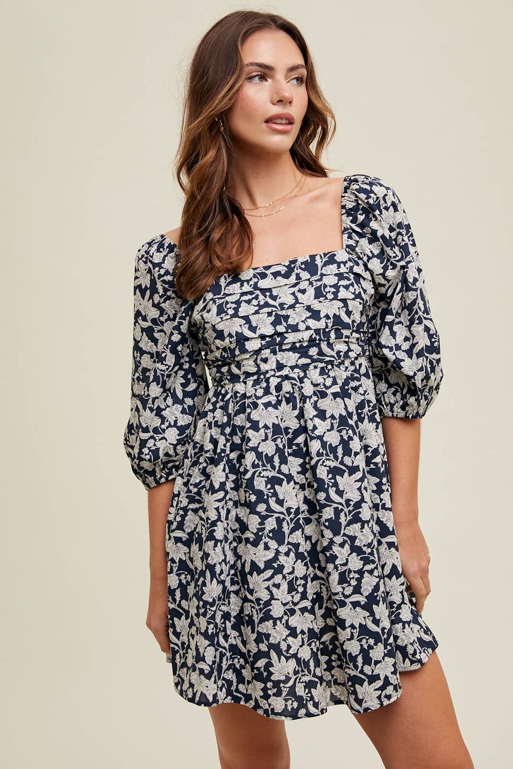 FLORAL RUCHED BUST MINI DRESS / WL24-8896, Color: NAVY/IVORY, Size: M