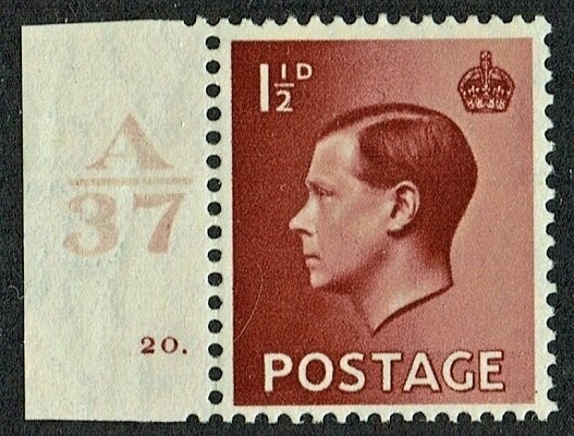 GB KING EDWARD VIII, 1½d RED-BROWN Control A37, Cylinder 20(Dot), Mi.195X, SG459, MNH