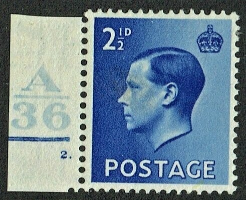 GB KING EDWARD VIII, 2½d BRIGHT-BLUE Control A36, Cylinder 2(Dot), Mi.196X, SG460, MNH