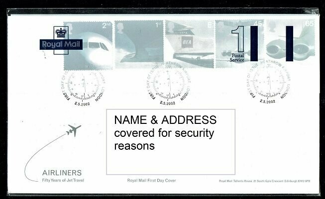 GB FDC 2002, 50th ANNIV OF PASSENGER JET AVIATION, AIRLINERS with SG 2284-2288 - UNOPENED