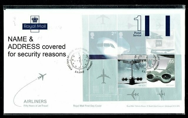 GB FDC 2002, 50th ANNIV OF PASSENGER JET AVIATION, AIRLINERS with SG 2284-2288 - UNOPENED