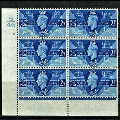GB KING GEORGE VI 1946, BLOCKS of 6 - 2½d ULTRAMARINE, CONTROL S46, CYLINDER 9 (NO Dot) Mi231, SG491, MNH/Mint