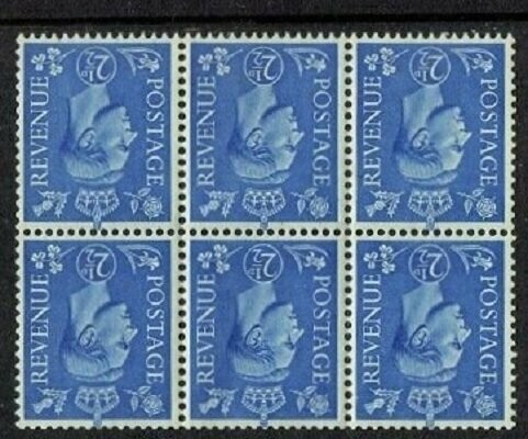GB KING GEORGE VI 1937, BLOCK of 6x 2½d ULTRAMARINE WTM.INVERT, SG466Wi Mint/MNH