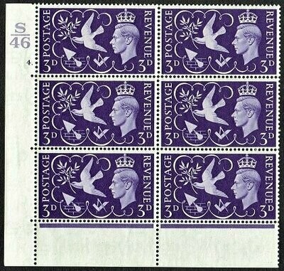 GB KING GEORGE VI 1946, BLOCKS of 6 - 3d VIOLET, CONTROL S46, CYLINDER 4 (Dot) Mi232, SG492, MNH/Mint
