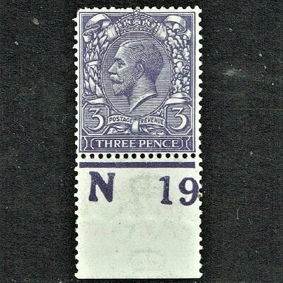 GB KING GEORGE V 1912, 3d BLUISH VIOLET, Control N 19, Mi132a, SG376, Mint