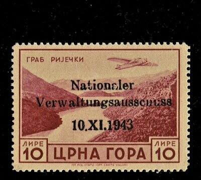 WWII, GERMAN OCCUPATION OF MONTENEGRO, 10L NATIONALER, BROWN-RED, OVERPRINT