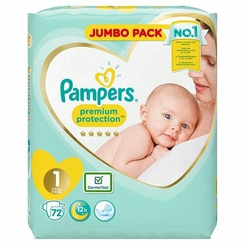 PAMPERS SIZE PREMIUM PROTECTION SIZE 1 x72/Pack, 2-5kg JUMBO PACK