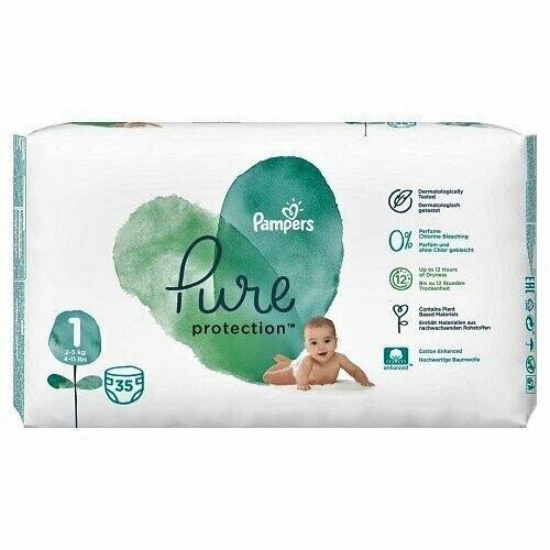 PAMPERS PURE PROTECTION SIZE 1, 35 NAPPIES, 2-5kg ESSENTIAL PACK
