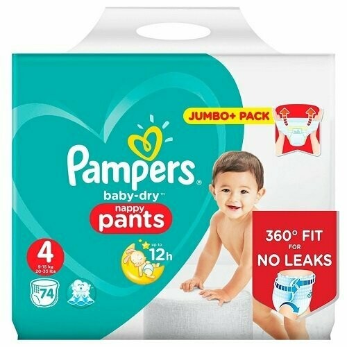 PAMPERS BABY DRY NAPPY PANTS SIZE4 x74/Pack, 9-15kg JAMBO+ PACK