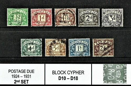 GB KING GEORGE V 1924, 2nd POSTAGE DUE SET SGD10-D18, BLOCK CYPHER