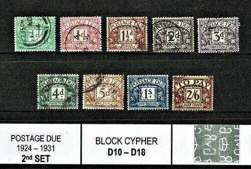 GB KING GEORGE V 1924, 2nd POSTAGE DUE SET SGD10-D18, BLOCK CYPHER