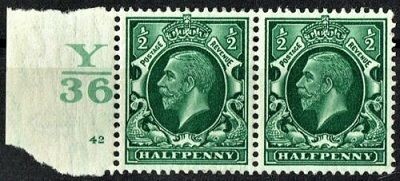 GB KING GEORGE V 1934, PAIR ½d GREEN SG 439, Mi GB 175X, Control Y36, Cylinder 45(Dot), MNH