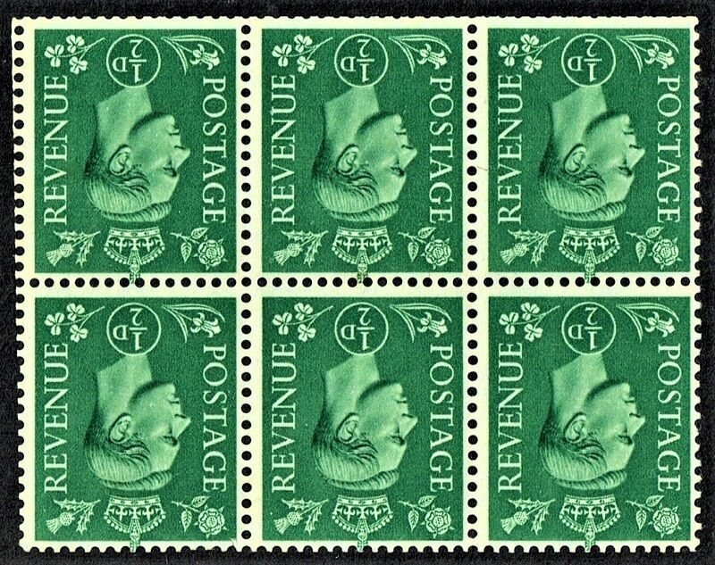 GB KING GEORGE VI 1937 BLOCK of 6, ½d GREEN WMK INVERTED, SG462 wi, MNH