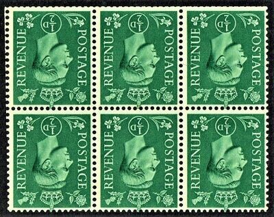 GB KING GEORGE VI 1937 BLOCK of 6, ½d GREEN WMK INVERTED, SG462 wi, MNH
