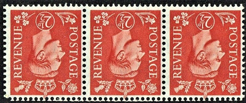 GB KING GEORGE VI 1937, 2½d PALE SCARLET STRIP of 3 STAMPS, WMK INV., SG507, MNH