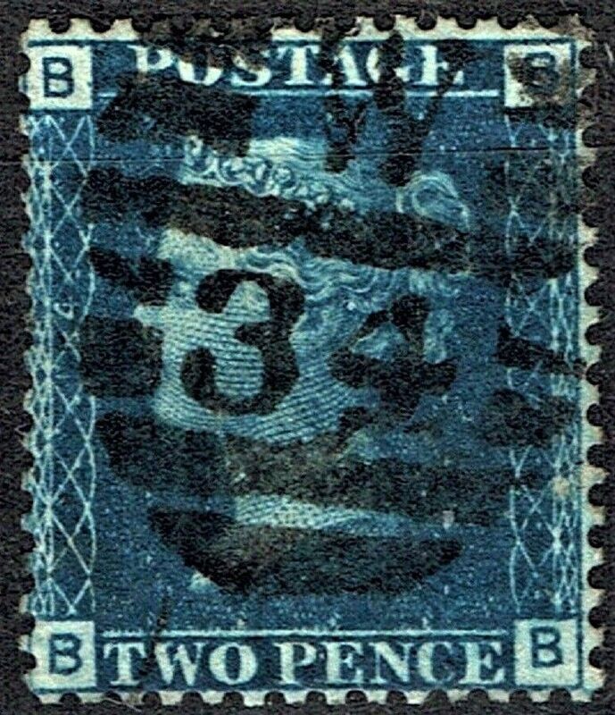 GB QUEEN VICTORIA 1858, 2d DEEP BLUE, SG47, Pl.14, B-B/B-B, Used