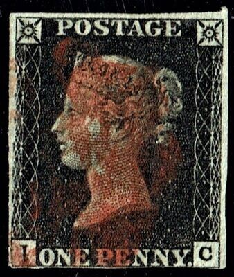 GB QUEEN VICTORIA 1840, 1d BLACK PENNY, J-C, 4 MARGIN, MALTESE CROSS