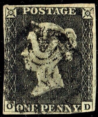 GB QUEEN VICTORIA 1840, 1d BLACK PENNY, 4 MARGIN, O-D, MALTESE CROSS