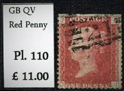 GB QUEEN VICTORIA 1864 1d Red-Brown, Mi.40, SG43, J-O/O-J, Pl.110, Used
