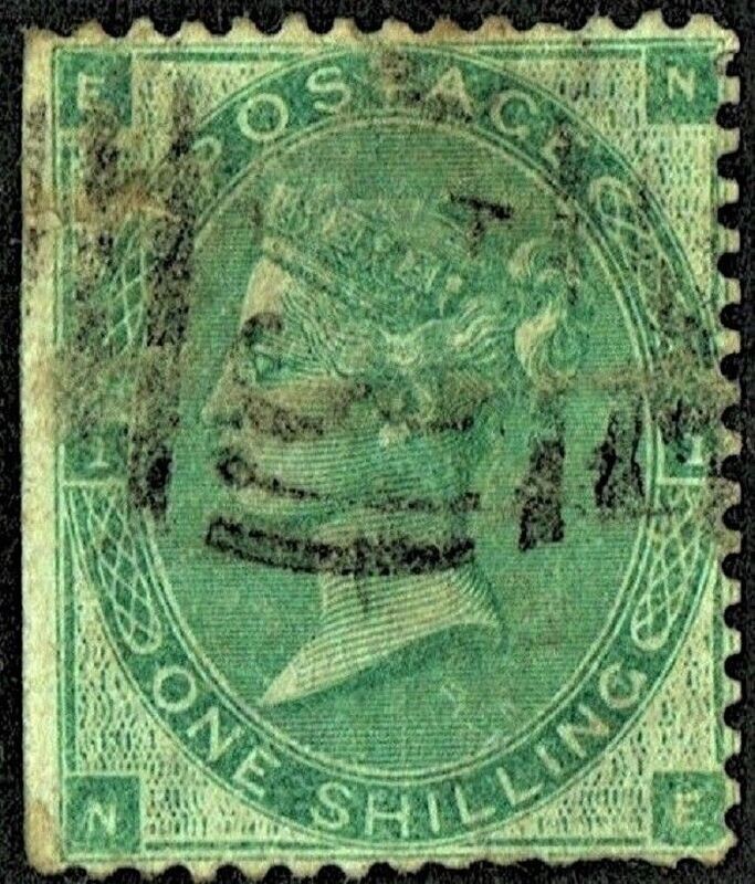 GB QUEEN VICTORIA 1862, 1s DEEP GREEN Pl.1, SG 89, Mi.22b, E-N/N-E, USED