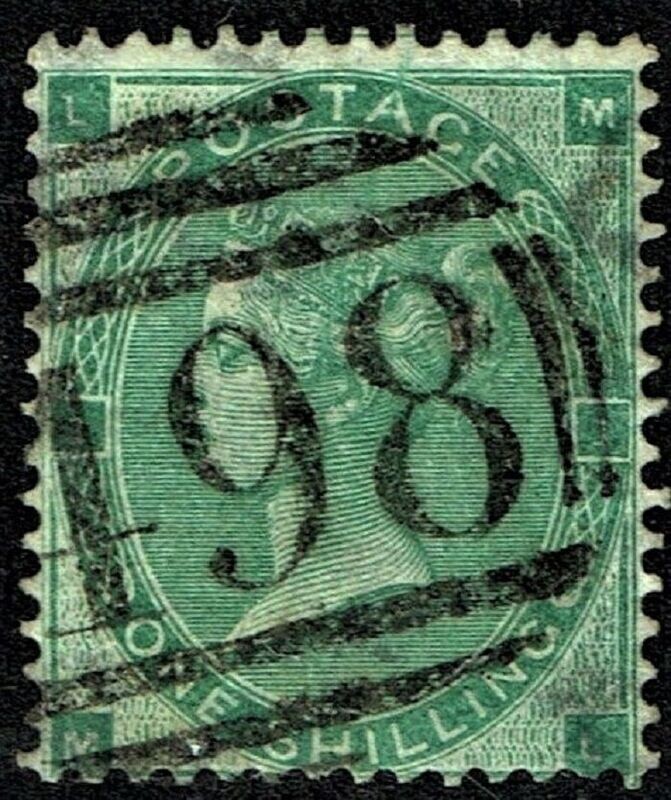 GB QUEEN VICTORIA 1862, 1s DEEP GREEN wmk Reversed, SG 89, Mi.22b, Pl.1, L-M/M-L, USED