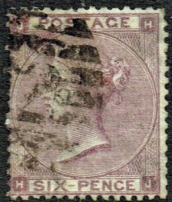 GB QUEEN VICTORIA 1862, 6d DEEP LILAC, SG 83, Mi.20, HYPHEN, J-H/H-J, USED, DAMAGED