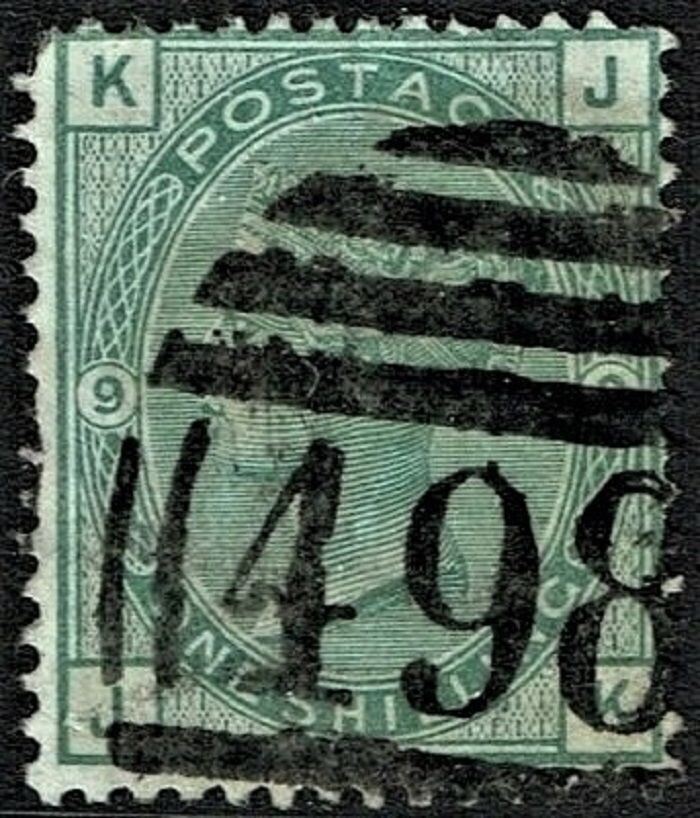 GB QUEEN VICTORIA 1874, 1s GREEN - DARK GREEN, Mi.46, SG148-150, ERRORS, Pl.9, K-J/J-K, Used