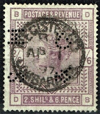GB QUEEN VICTORIA 1884, 2'6s LILAC, Mi82x, SG178, with Perfin,  B-D/D-B, Used