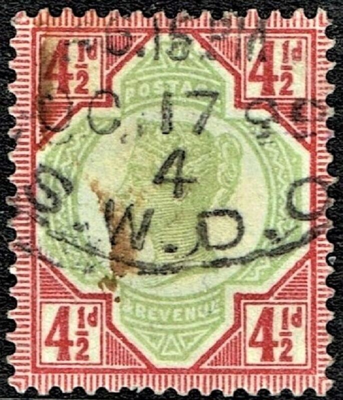 GB QUEEN VICTORIA 1892, 4½d GREEN & CARMINE, SG 206, Mi.92, USED