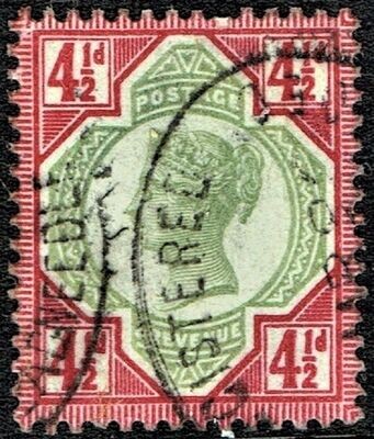 GB QUEEN VICTORIA 1892, 4½d GREEN & CARMINE, SG 206, Mi.92, USED