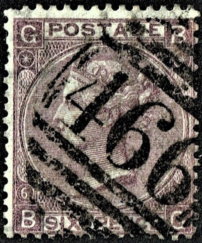 GB QUEEN VICTORIA 1865, 6d LILAC, Pl.6, SG 97, Mi.28, G-B/B-G, HYPHEN, USED