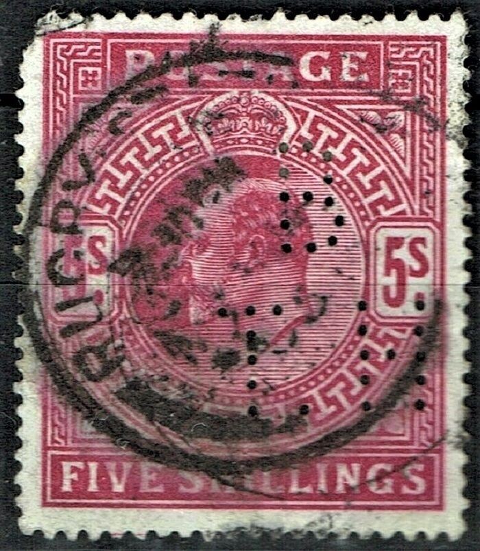 GB KING EDWARD VII 1902, 5s DEEP BRT CARMINE, Mi.116Ib, Sg264, Perfin, Used - Damaged