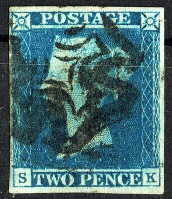 GB QUEEN VICTORIA 1840, 2d BLUE, SG 4, Mi.2, 4 MARGIN, S-K, Used
