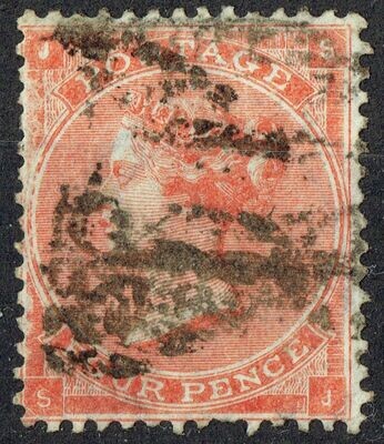 GB QUEEN VICTORIA 1862-64, 4d BRT RED, SG 81, Mi.19Ia, HAIR LINES, J-S/S-J, USED, ERRORS