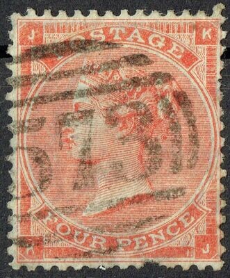 GB QUEEN VICTORIA 1862-64, 4d BRT RED, SG 81,  Mi,19Ia, HAIR LINES, J-K/K-J, USED, DAMAGED