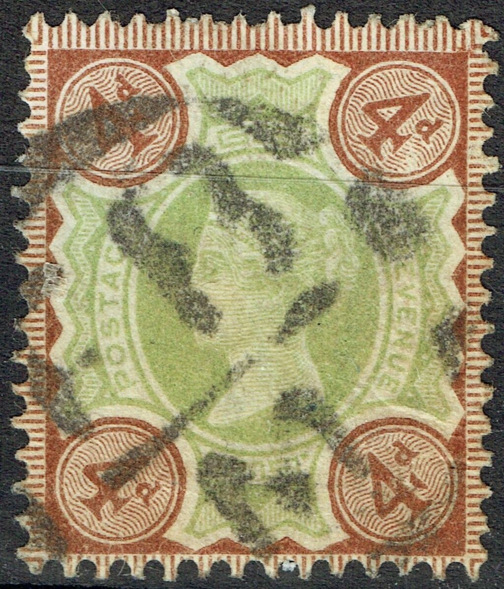 GB QUEEN VICTORIA 1887-92, 4d GREEN &amp; DEEP BROWN, SG205a, Mi.91b, USED