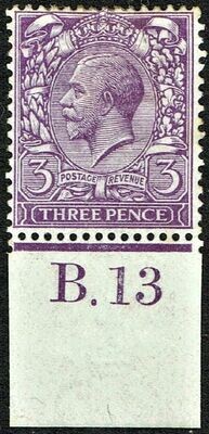 GB KING GEORGE V 1912, 3d DULL REDDISH VIOLET, Control B.13, Mi132a, SG374, Mint