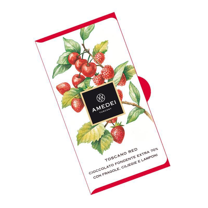 AMEDEI TUSCANY BLACK CHOCOLATE BAR 70% WITH STRAWBERRY, CHERRY & RASPBERRY