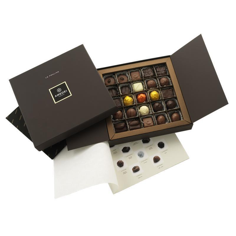 PRALINE BOX WITH 25 ASSORTED AMEDEI PRALINES with ALCOHOL