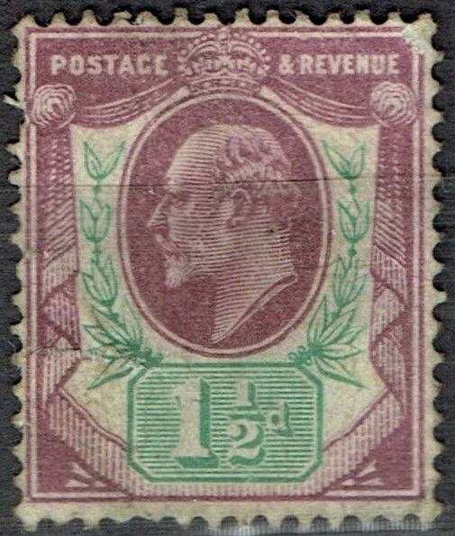 GB KING EDWARD VII 1902, 1½d Dull Purple & Green, SG 221, Mi.105Iwa, (W49), MNH/MINT, DAMAGED