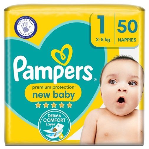 PAMPERS PREMIUM PROTECTION SIZE 1, 50 NAPPIES, NEW BABY, 2-5kg