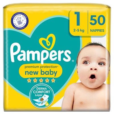 PAMPERS PREMIUM PROTECTION SIZE 1, 50 NAPPIES, NEW BABY, 2-5kg