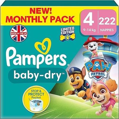 PAMPERS BABY DRY SIZE 4+ x222/Pack, 8-14kg MONTHLY PACK