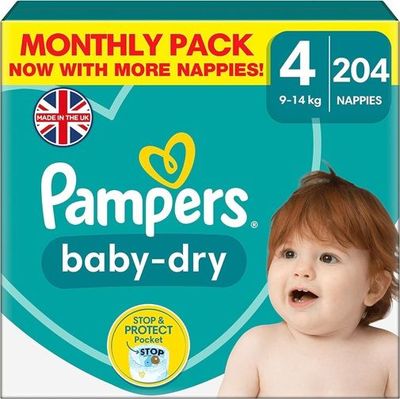 PAMPERS BABY DRY SIZE 4+ x204/Pack, 8-20kg MONTHLY PACK