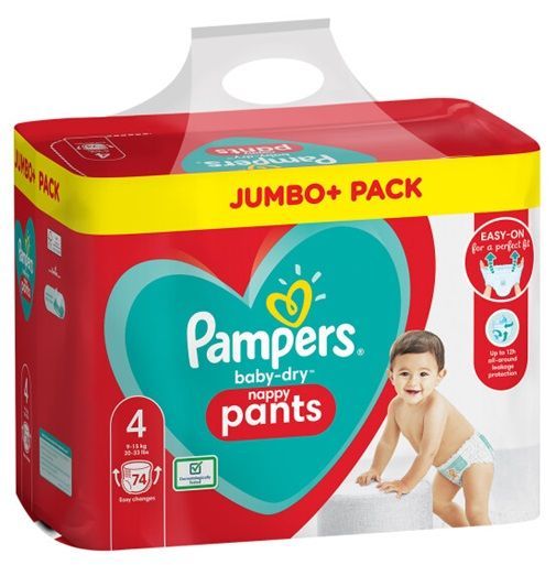 PAMPERS BABY-DRY NAPPY PANTS SIZE4 x74/Pack, 9-15kg JAMBO+ PACK
