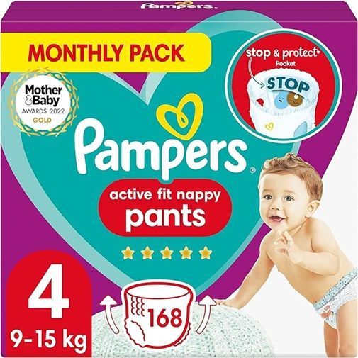 PAMPERS ACTIVE FIT NAPPY PANTS SIZE 4 x168/Pack, 9-15kg JUMBO+ PACK