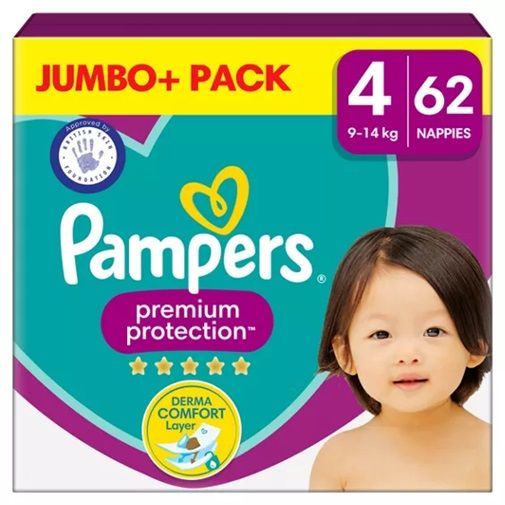 PAMPERS PREMIUM PROTECTION SIZE 4+ x62/Pack, 7-18kg JUMBO+ PACK