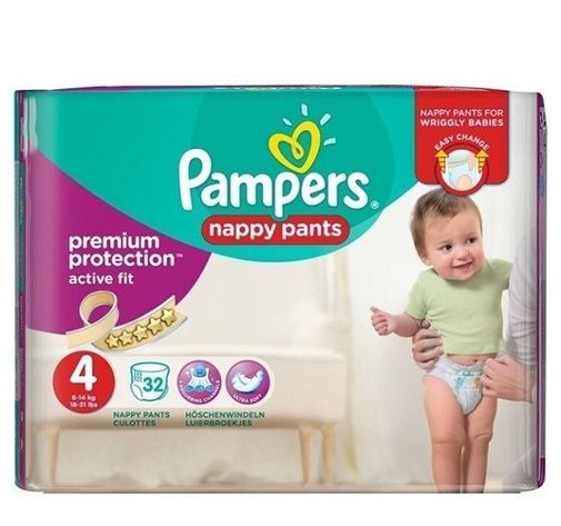 PAMPERS PREMIUM PROTECTION ACTIVE FIT NAPPY PANTS SIZE 4 x32/Pack, 7-18kg