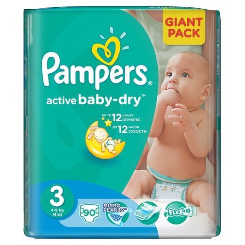 PAMPERS ACTIVE BABY-DRY MIDI SIZE 3 x90/Pack, 4-9kg DIAPERS/COUCHES